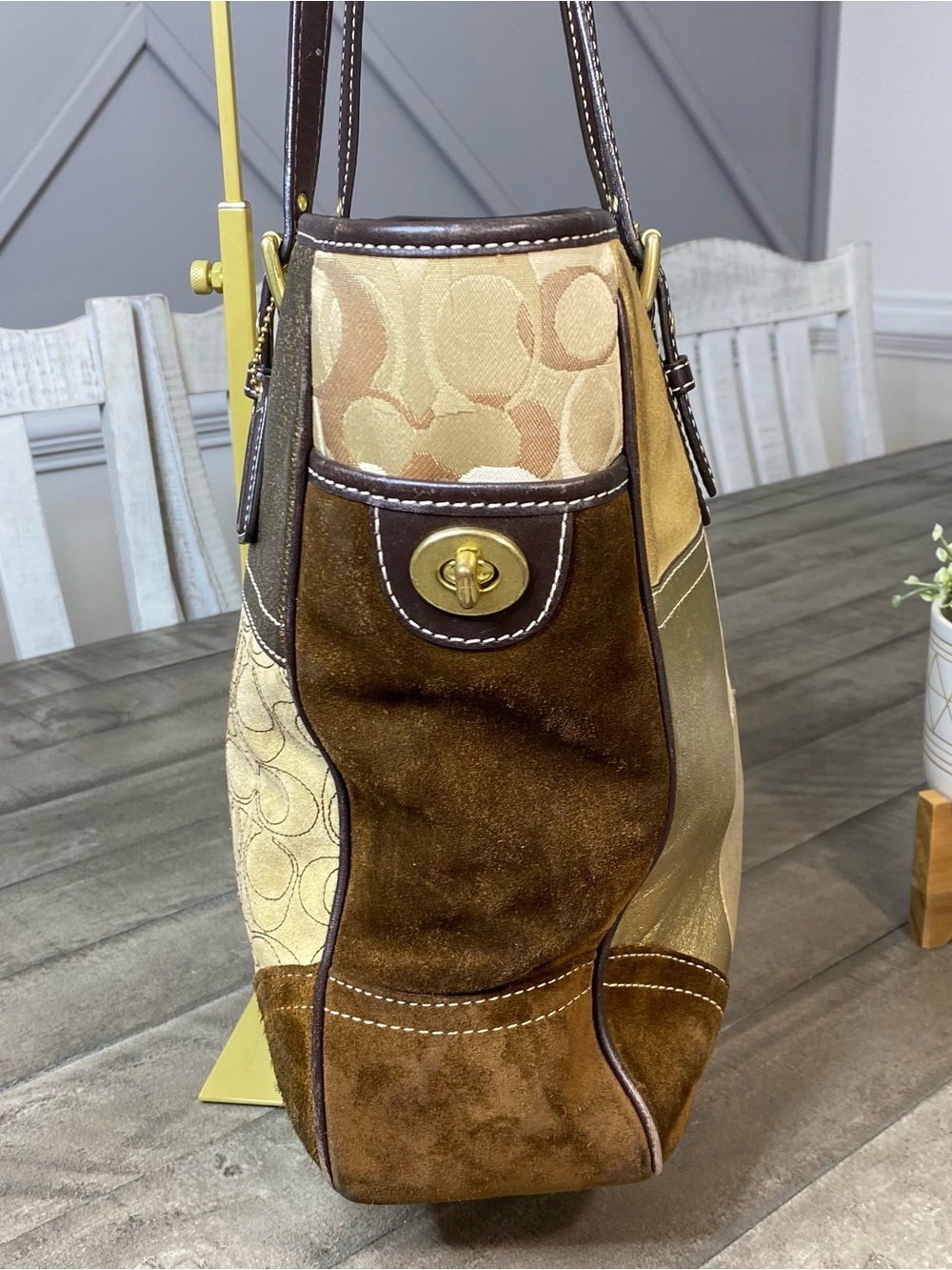 Vintage Coach Hampton Holiday Patchwork Tote Bag Brown Gold Canvas Suede Y2K - Picture 8 of 15